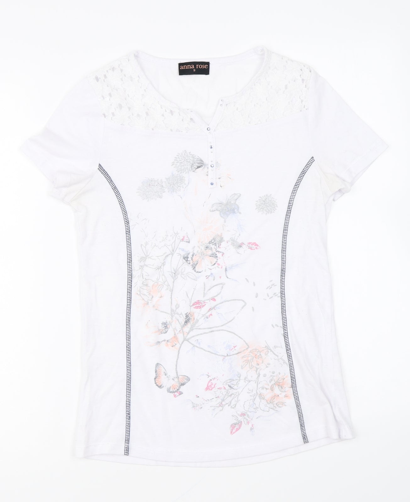 Anna Rose Womens White Polyester Basic T-Shirt Size S V-Neck
