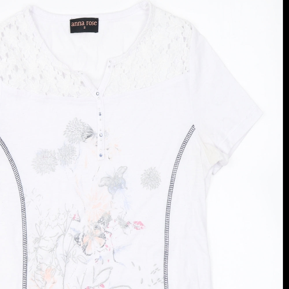 Anna Rose Womens White Polyester Basic T-Shirt Size S V-Neck