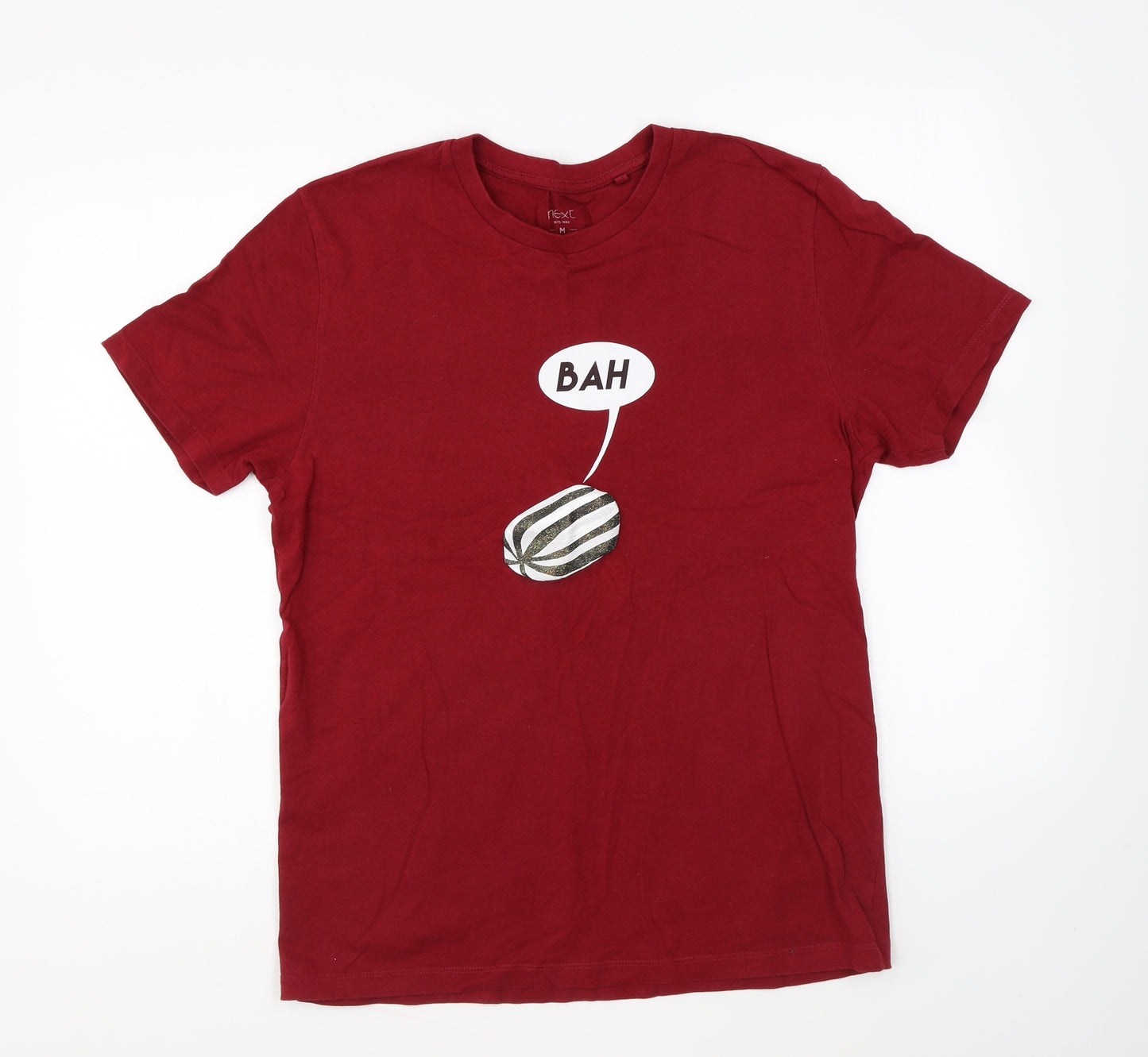 NEXT Womens Red Cotton Basic T-Shirt Size M Round Neck - Bah Humbug