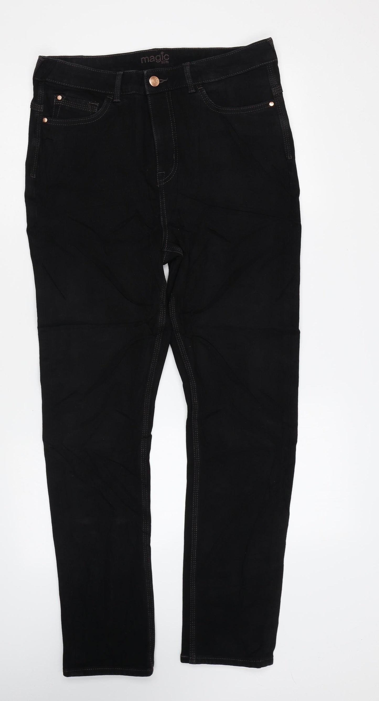 Marks and Spencer Womens Black Cotton Straight Jeans Size 14 L26 in Regular Zip