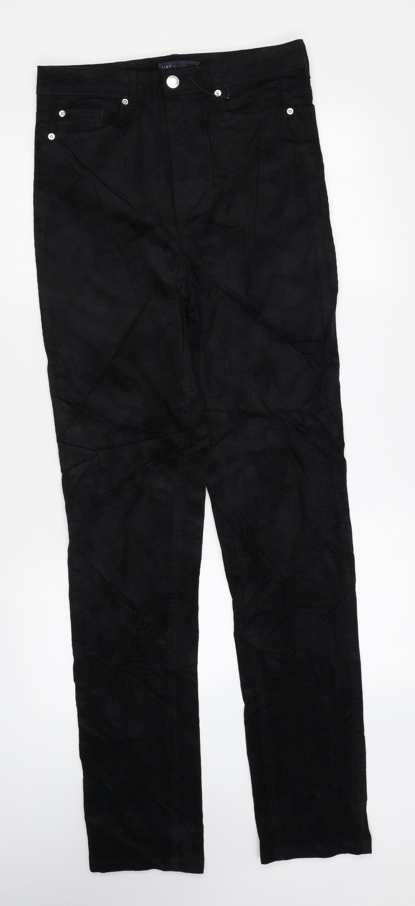 Marks and Spencer Womens Black Cotton Trousers Size 10 L32 in Regular Zip - Long