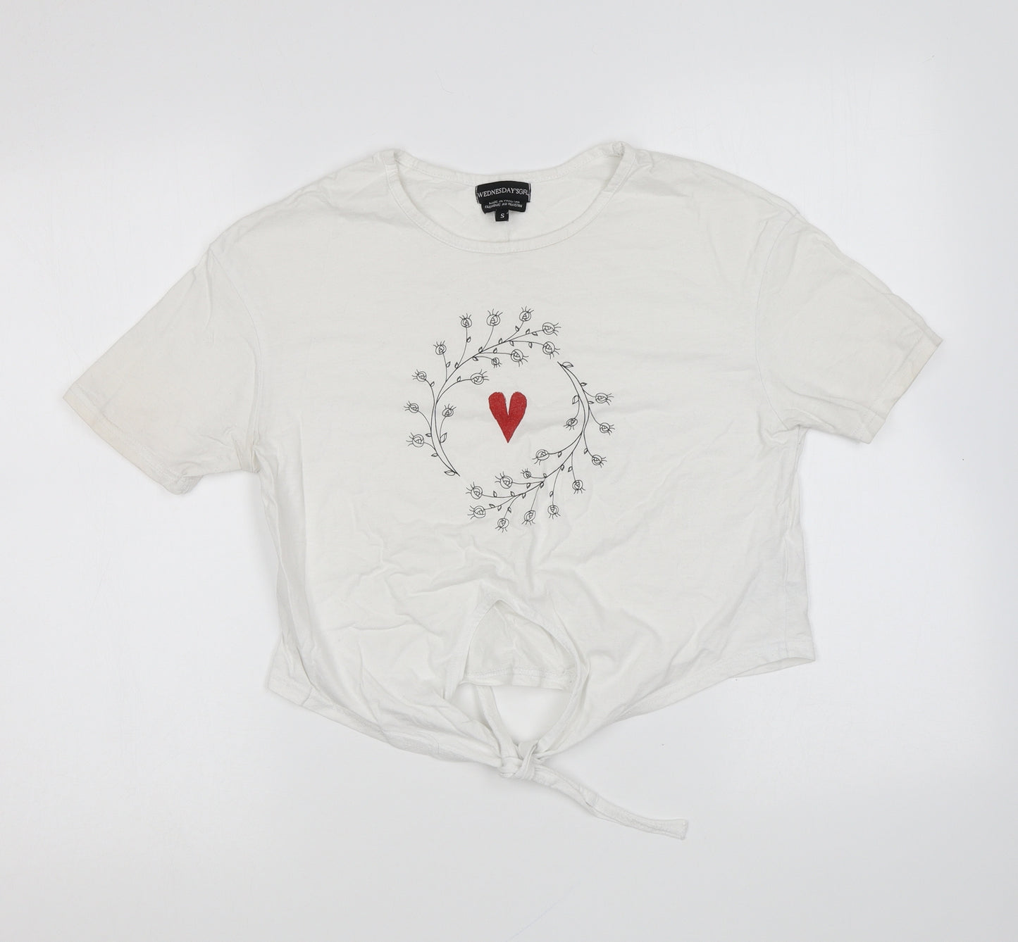 Wednesday's Girl Womens White Cotton Basic T-Shirt Size S Round Neck