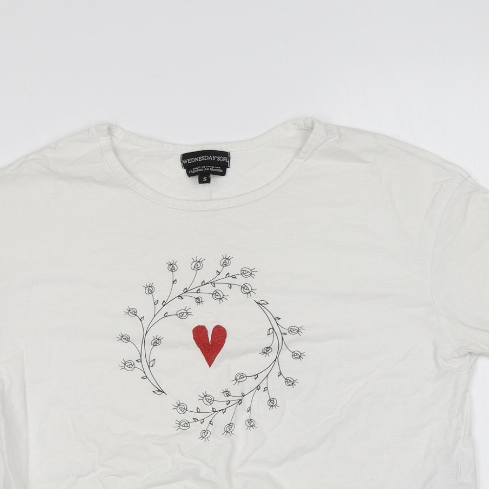 Wednesday's Girl Womens White Cotton Basic T-Shirt Size S Round Neck