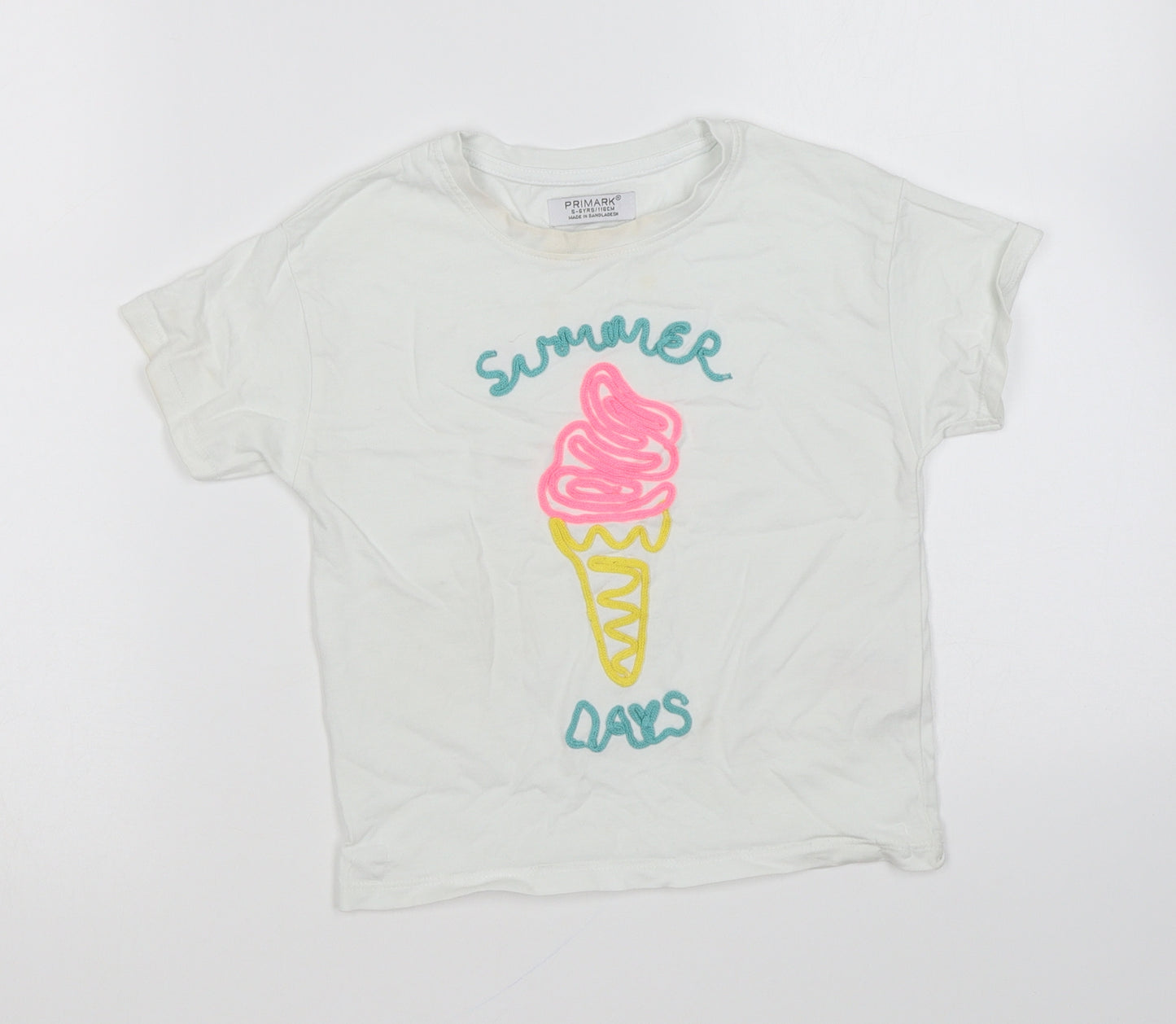 Primark Girls White Cotton Basic T-Shirt Size 5-6 Years Round Neck Pullover - Summer Days