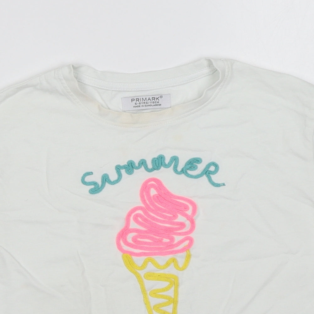 Primark Girls White Cotton Basic T-Shirt Size 5-6 Years Round Neck Pullover - Summer Days