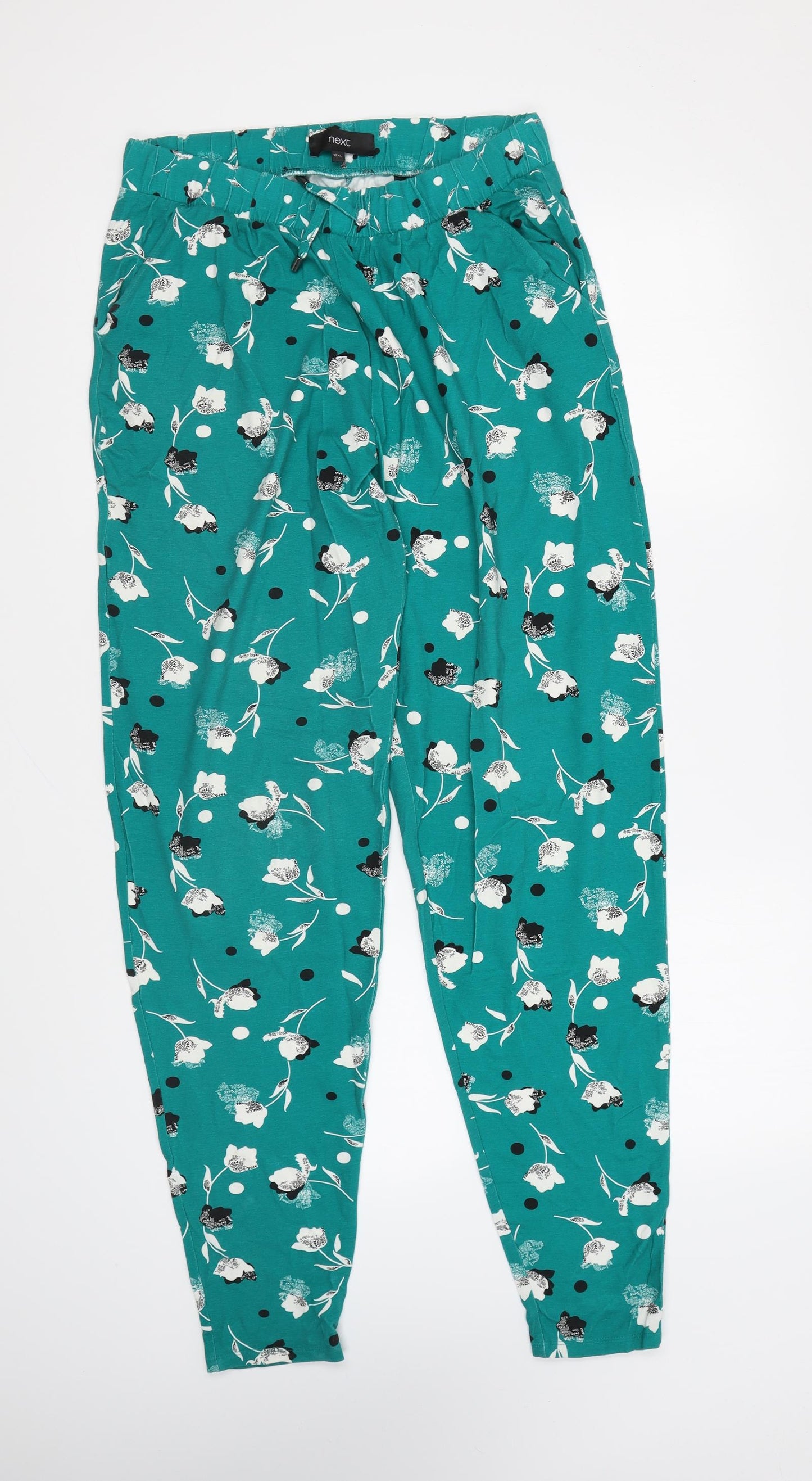 NEXT Womens Green Floral Viscose Trousers Size 12 L29 in Regular Drawstring - Extra Long