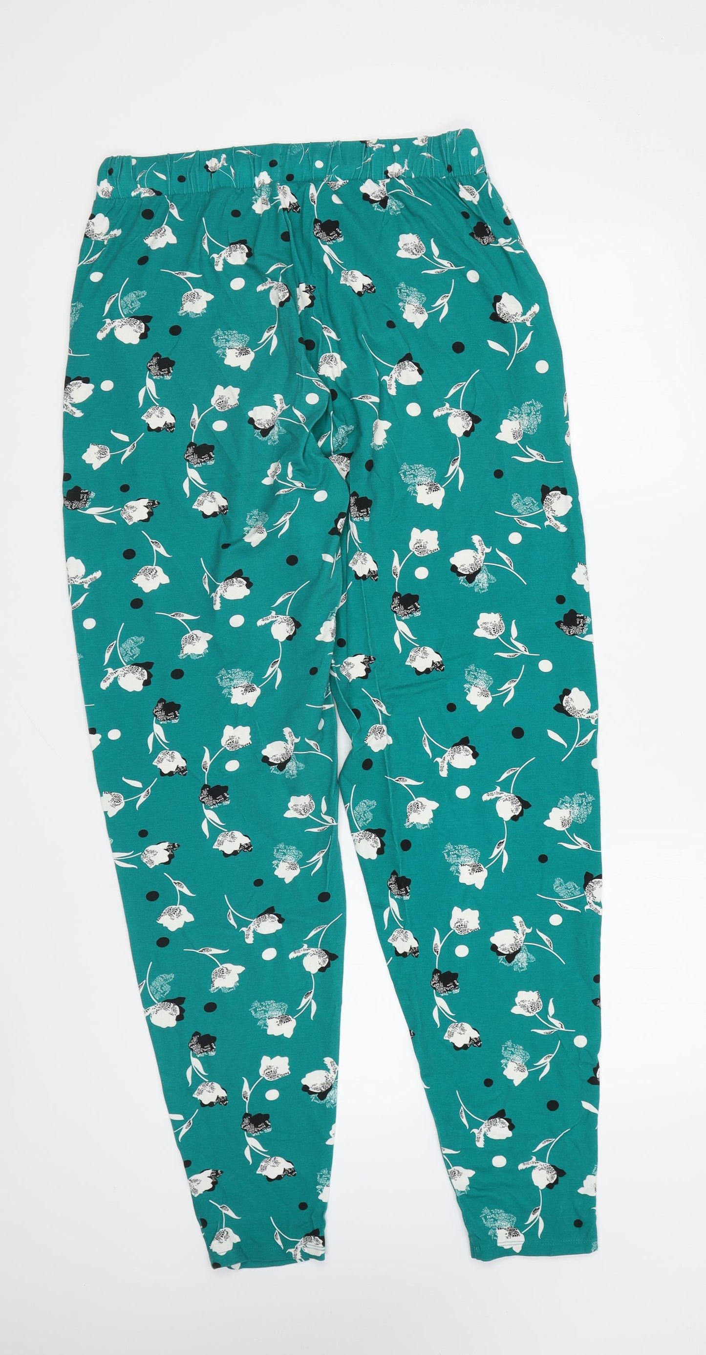 NEXT Womens Green Floral Viscose Trousers Size 12 L29 in Regular Drawstring - Extra Long
