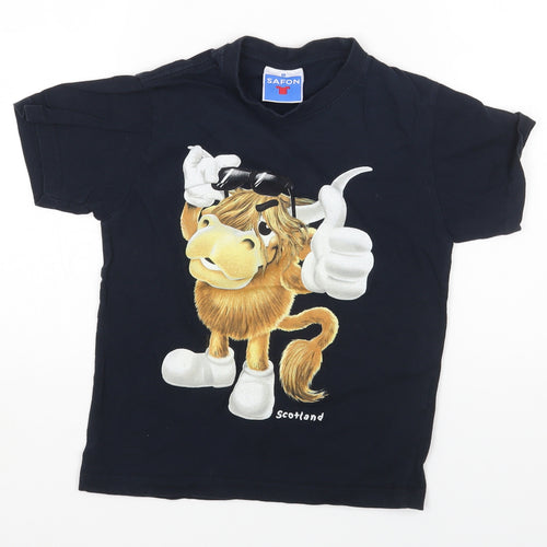 SAFON Boys Blue Cotton Pullover T-Shirt Size 8 Years Round Neck Pullover - Scotland Cow