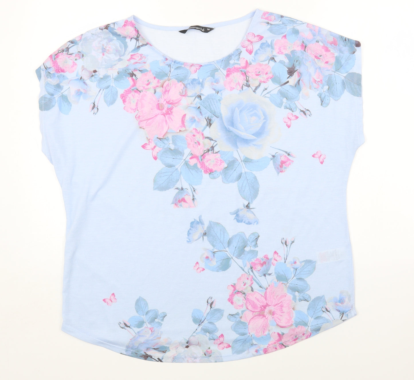 Bonmarché Womens Blue Floral Polyester Basic T-Shirt Size 18 Round Neck
