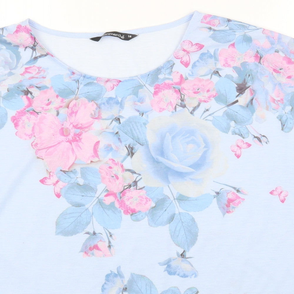 Bonmarché Womens Blue Floral Polyester Basic T-Shirt Size 18 Round Neck