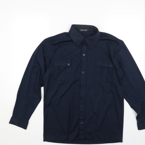 Refind Mens Blue Polyester Button-Up Size S Collared Button