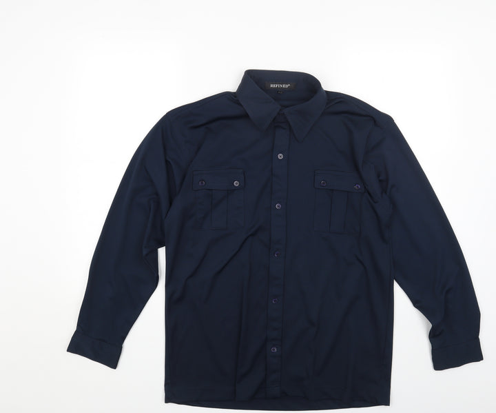 Refind Mens Blue Polyester Button-Up Size S Collared Button