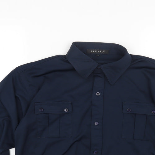 Refind Mens Blue Polyester Button-Up Size S Collared Button