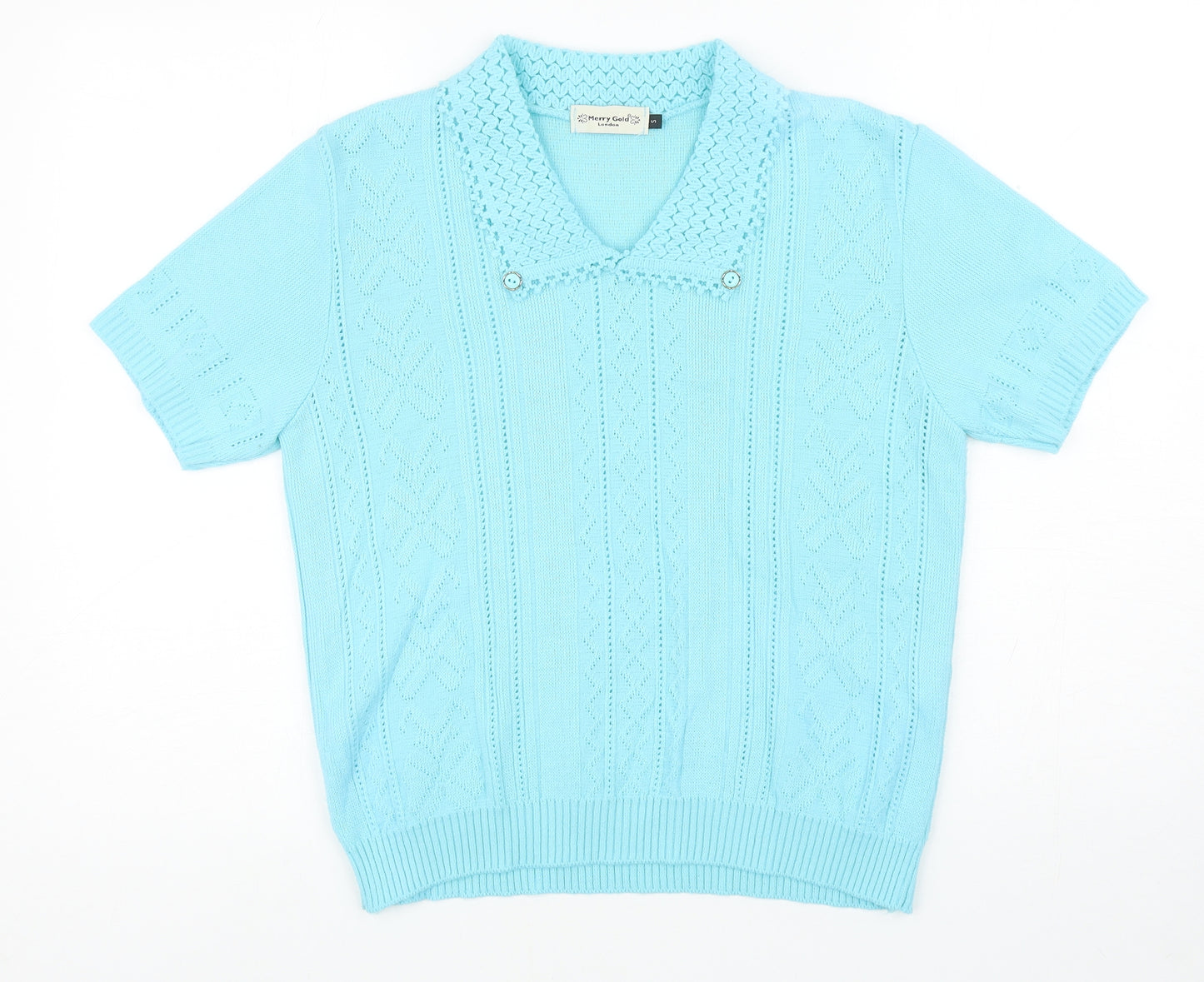 Merry Gold London Womens Blue Collared Acrylic Pullover Jumper Size S