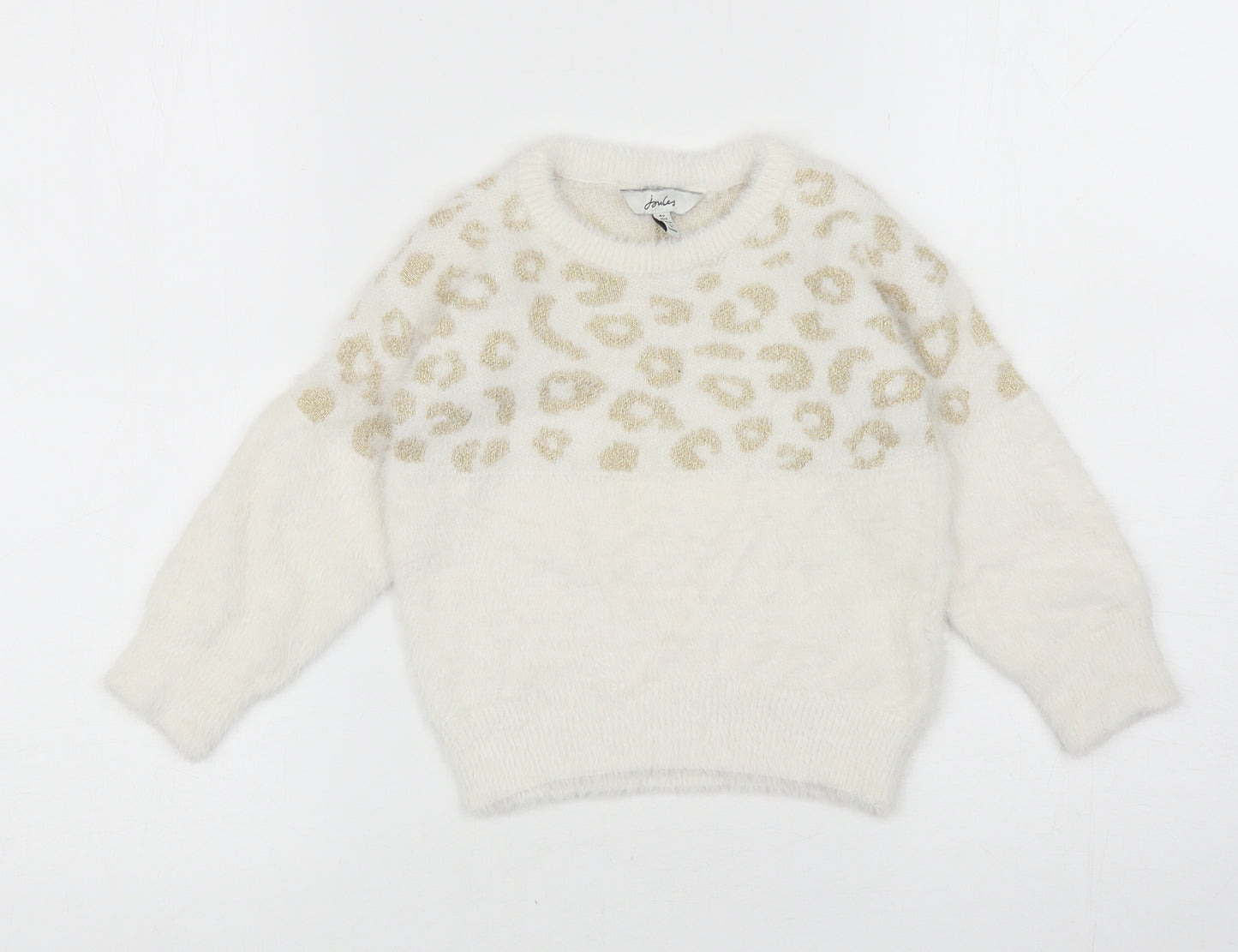 Joules Girls White Round Neck Animal Print Polyamide Pullover Jumper Size 4 Years Pullover - Leopard Print