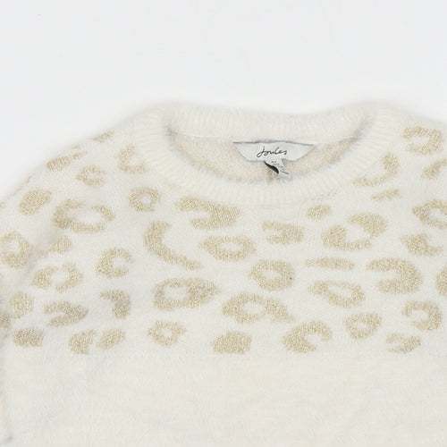 Joules Girls White Round Neck Animal Print Polyamide Pullover Jumper Size 4 Years Pullover - Leopard Print