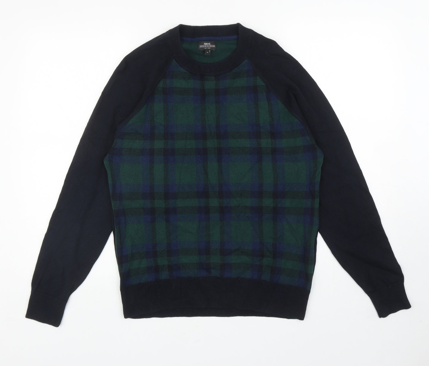 NEXT Mens Blue Round Neck Plaid Cotton Pullover Jumper Size M