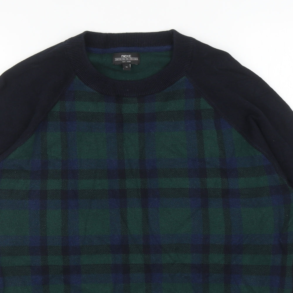 NEXT Mens Blue Round Neck Plaid Cotton Pullover Jumper Size M
