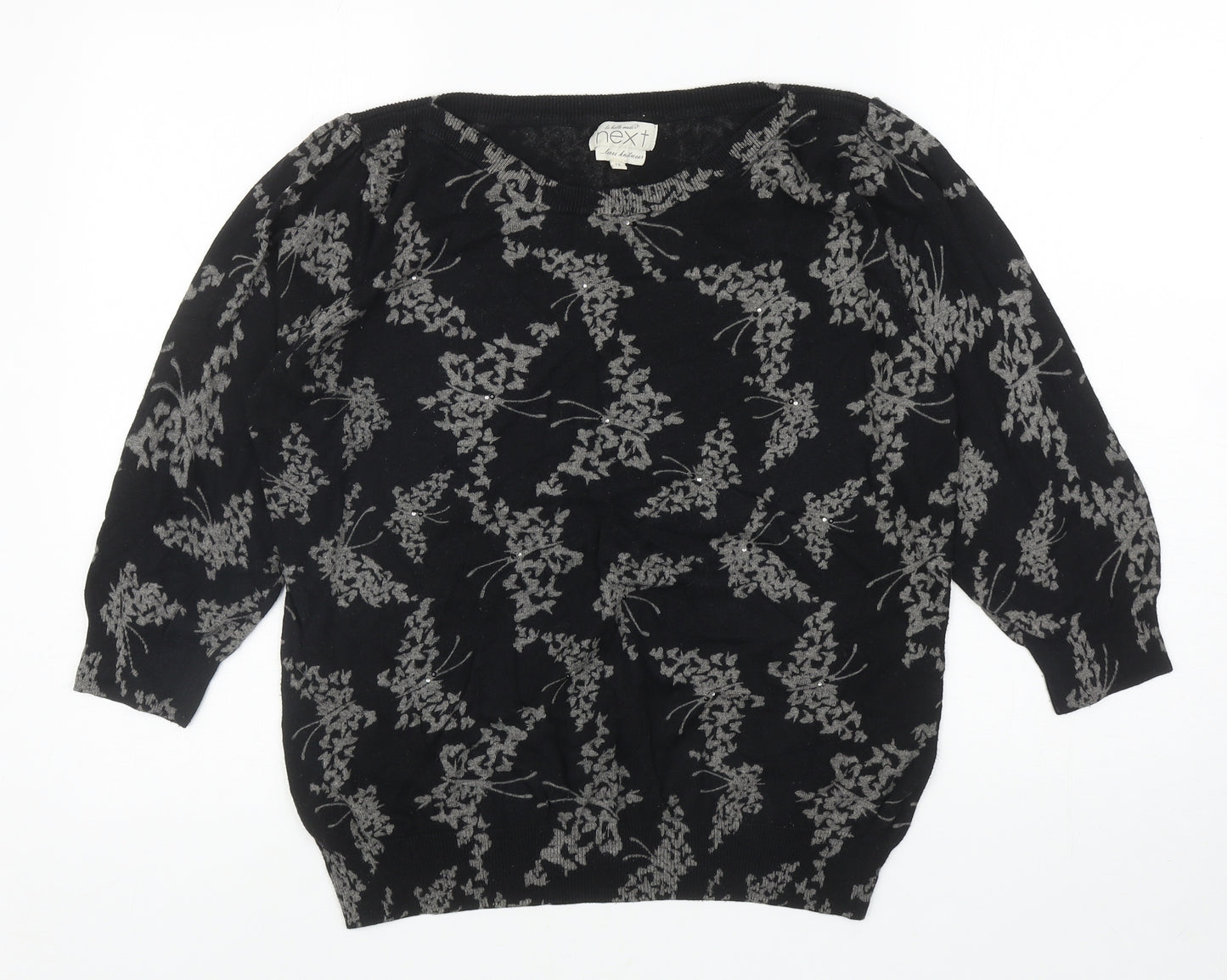 NEXT Womens Black Boat Neck Floral Cotton Pullover Jumper Size 18