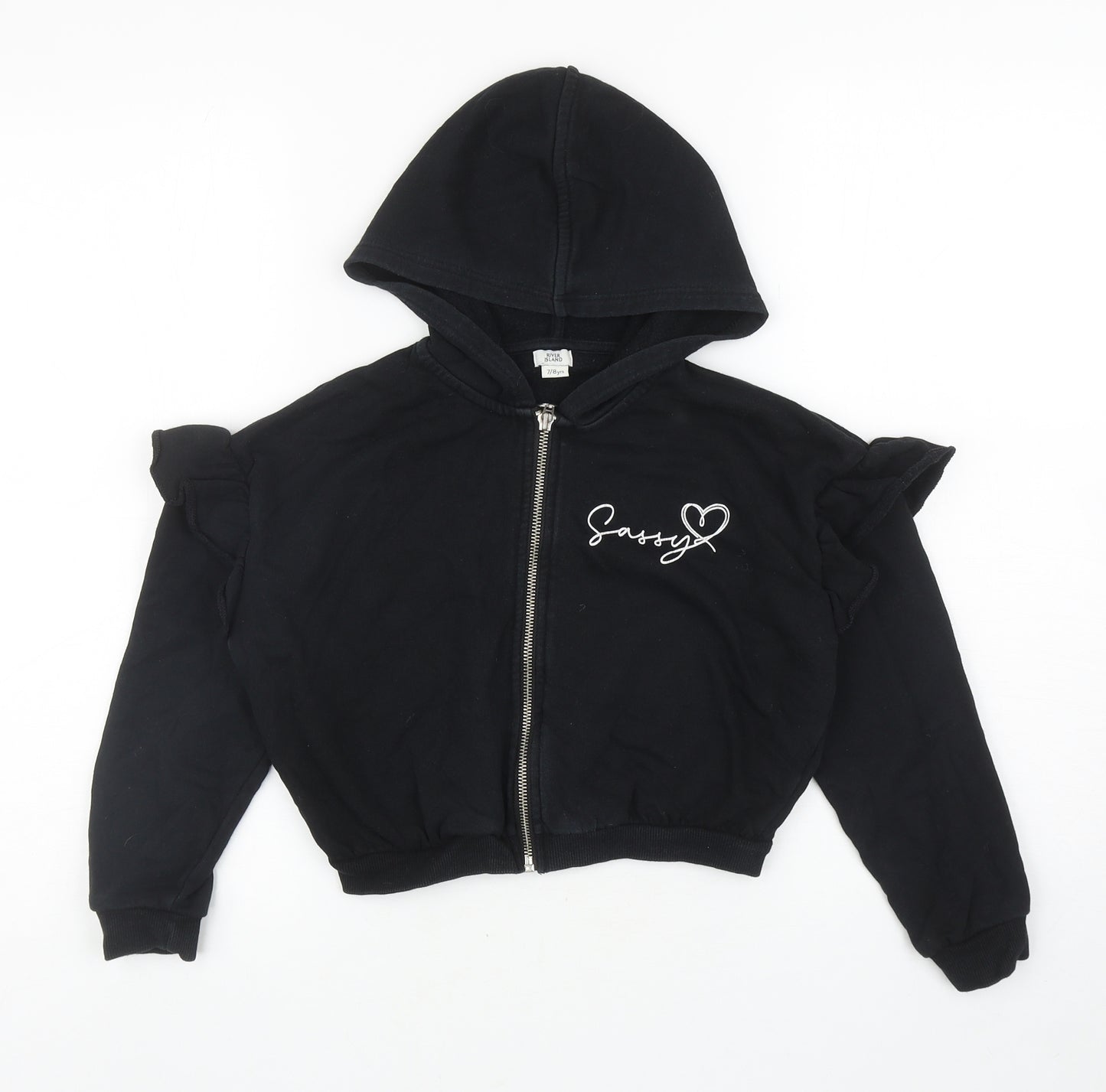 River Island Girls Black Cotton Full Zip Hoodie Size 7-8 Years Zip - Sassy, Cropped