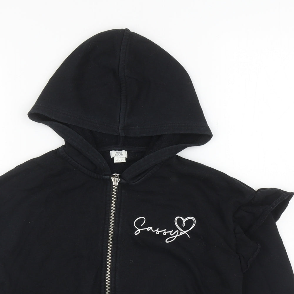 River Island Girls Black Cotton Full Zip Hoodie Size 7-8 Years Zip - Sassy, Cropped