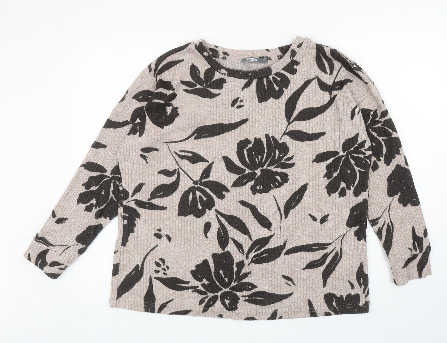 Nutmeg Womens Beige Round Neck Floral Polyester Pullover Jumper Size 14