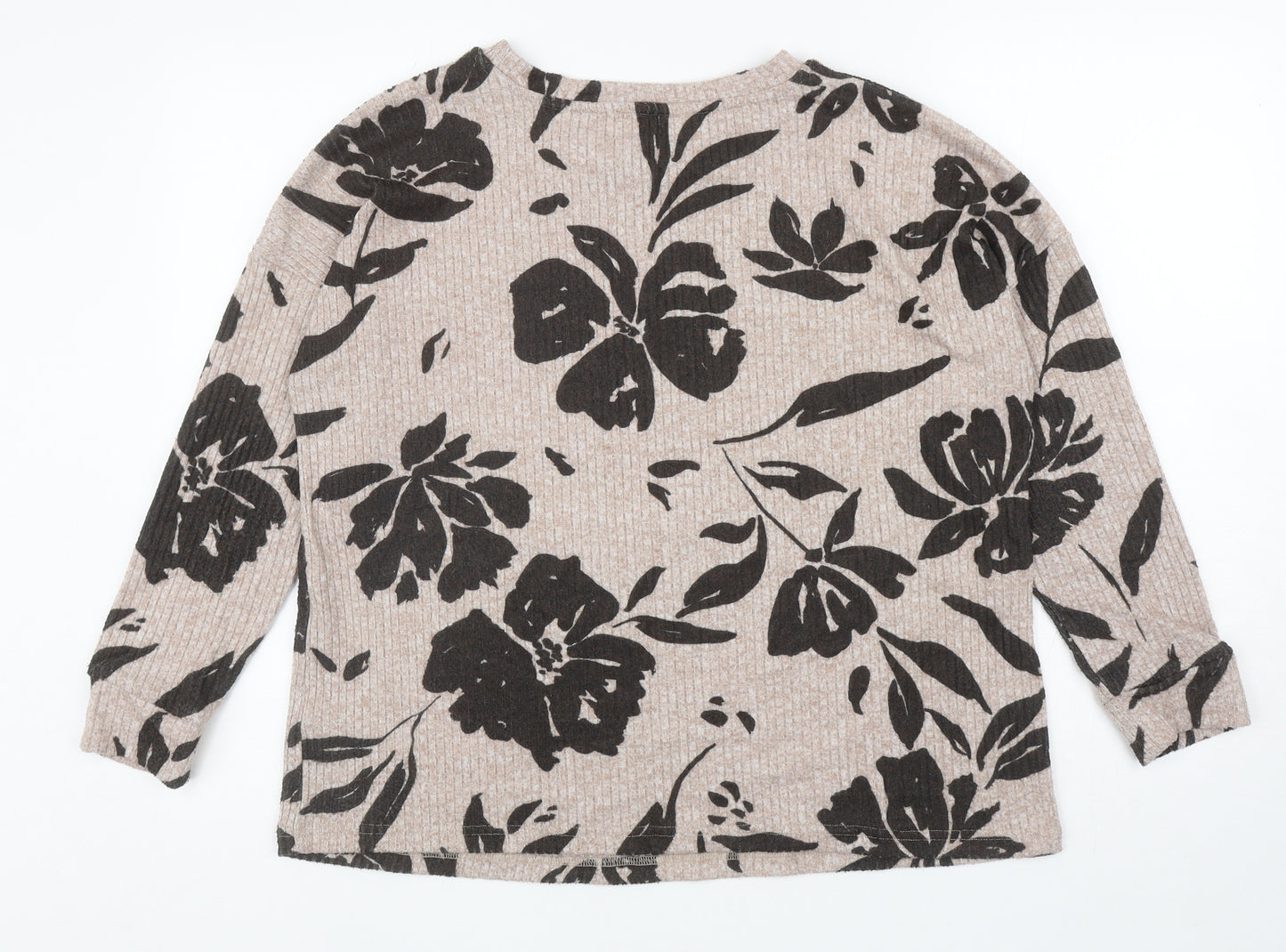 Nutmeg Womens Beige Round Neck Floral Polyester Pullover Jumper Size 14