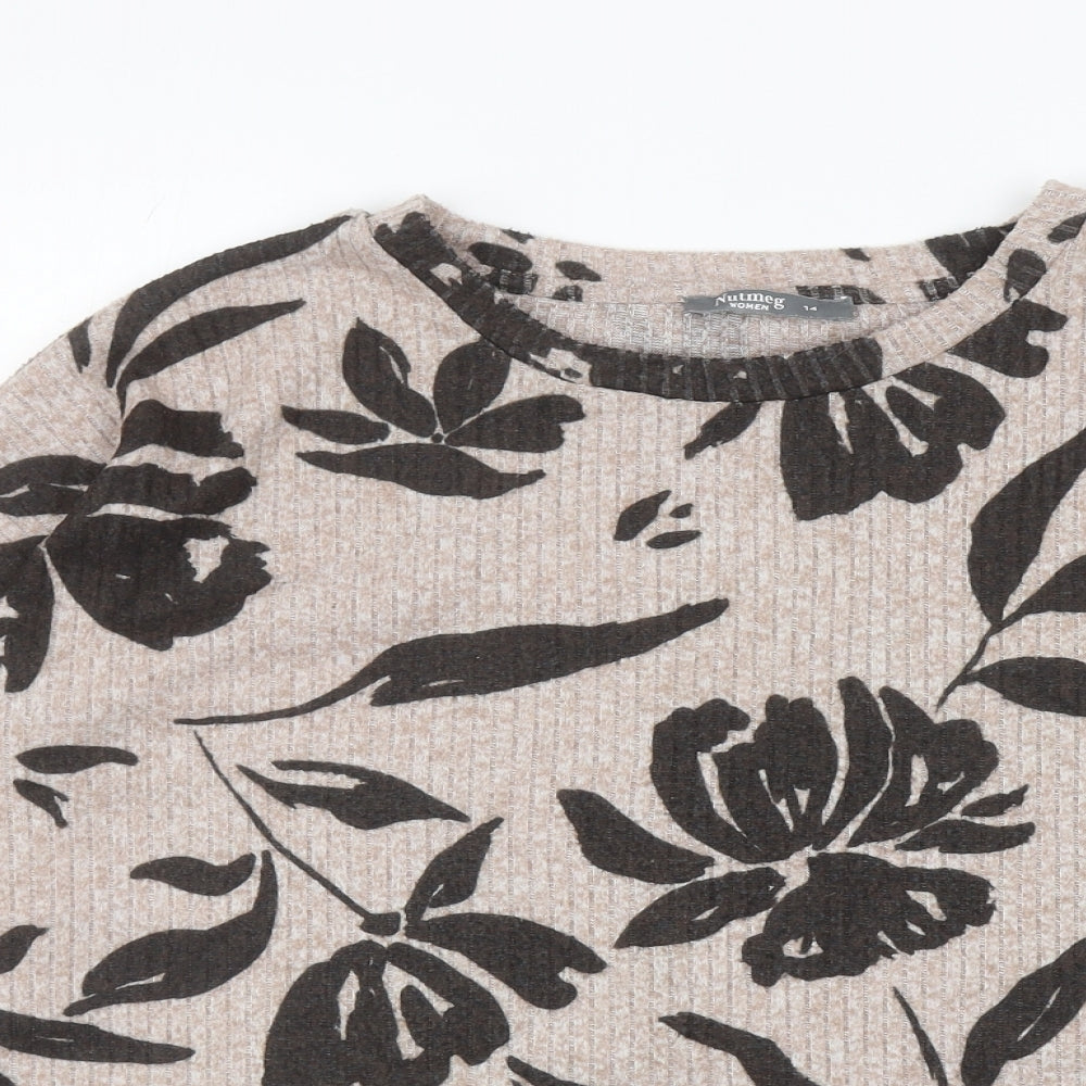 Nutmeg Womens Beige Round Neck Floral Polyester Pullover Jumper Size 14
