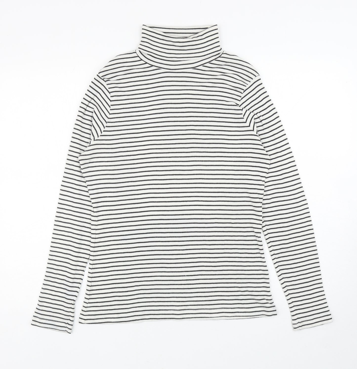 M&Co Womens White Striped Cotton Basic T-Shirt Size 16 Roll Neck