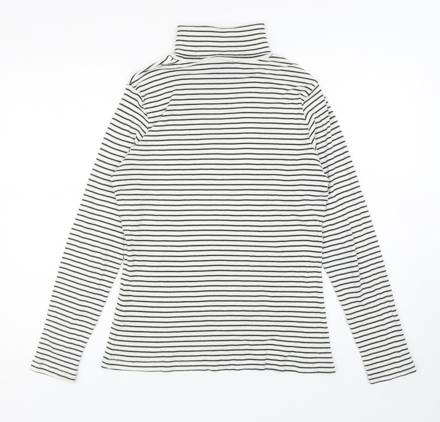 M&Co Womens White Striped Cotton Basic T-Shirt Size 16 Roll Neck
