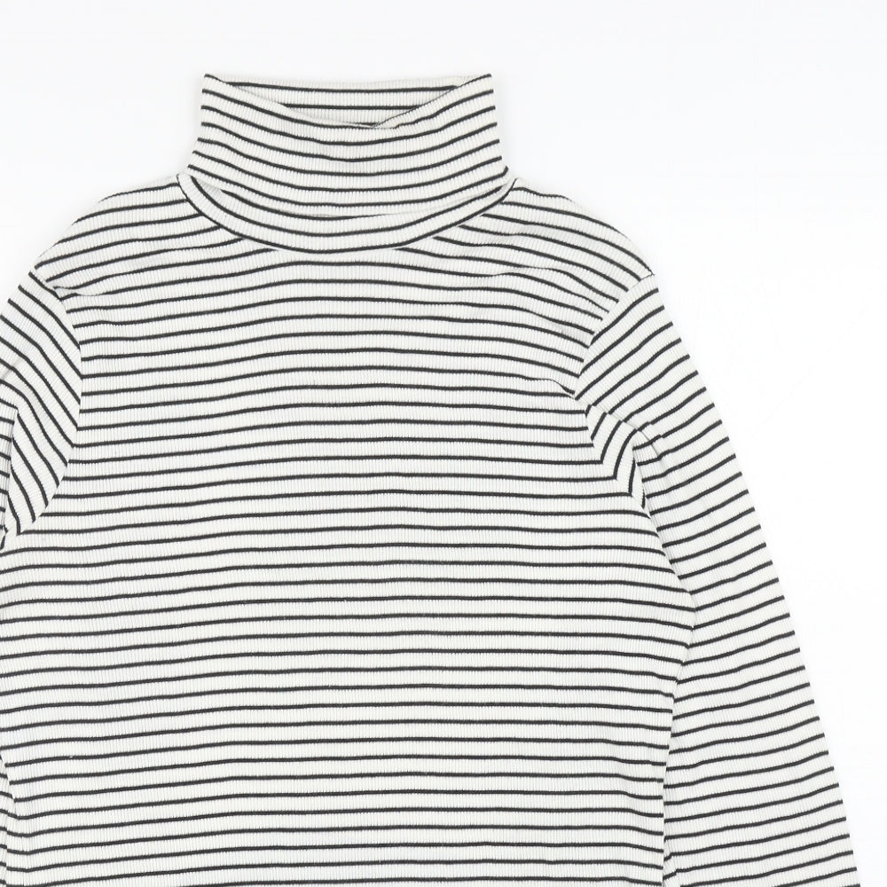 M&Co Womens White Striped Cotton Basic T-Shirt Size 16 Roll Neck
