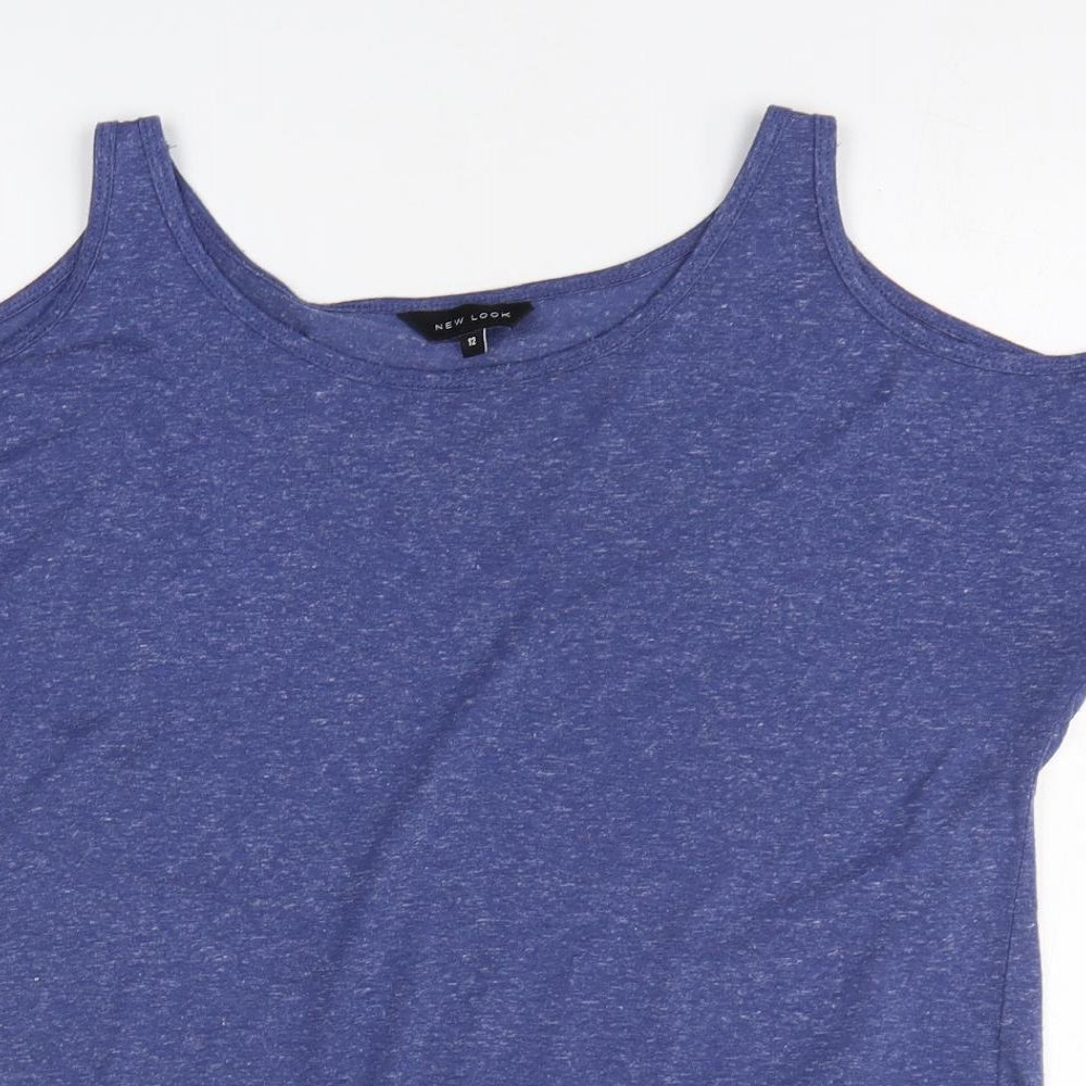 New Look Womens Blue 100% Cotton Basic T-Shirt Size 12 Round Neck - Cold Shoulder