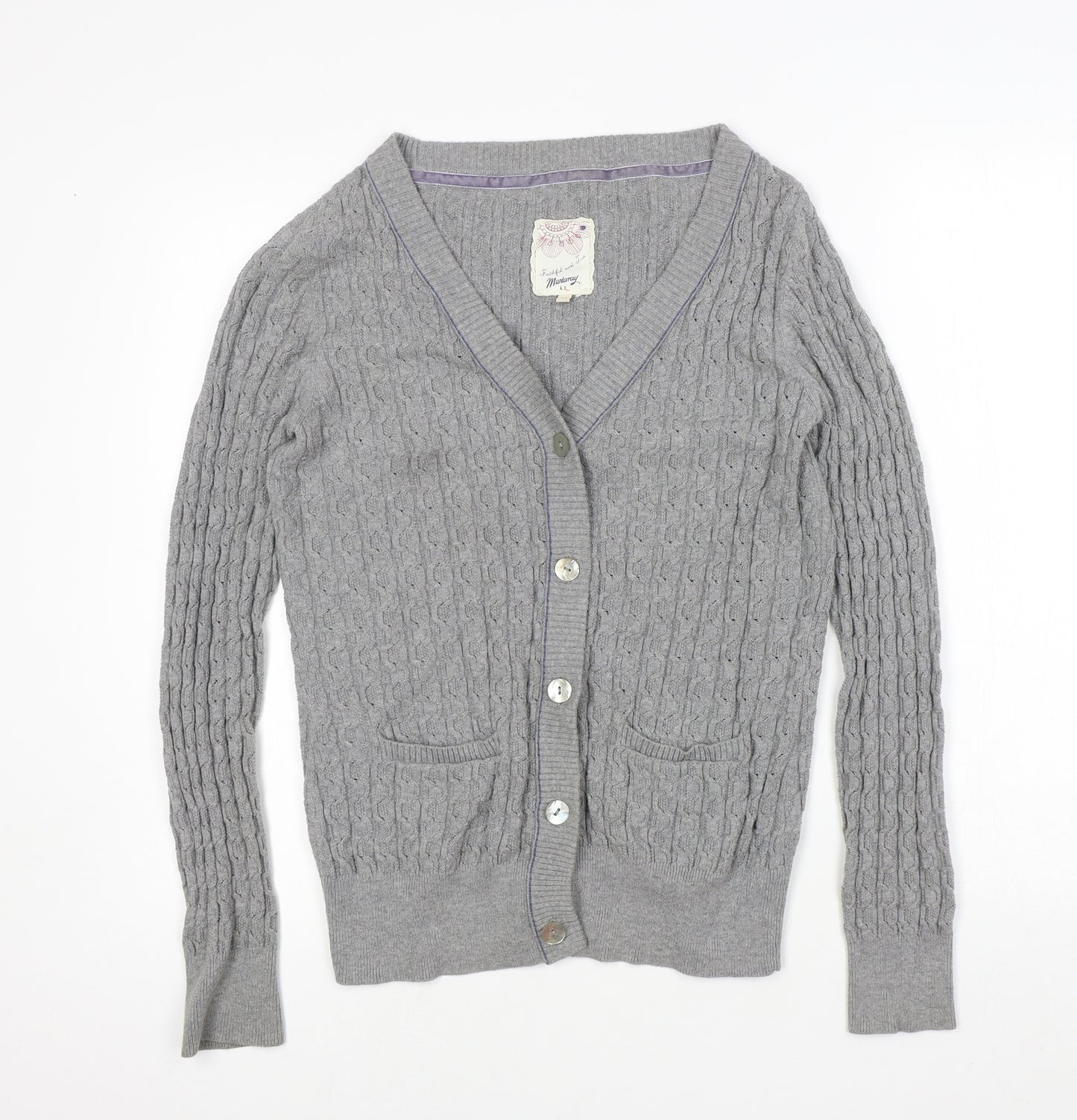 Mantaray Womens Grey V-Neck 100% Cotton Cardigan Jumper Size 12 - Mother of Pearl