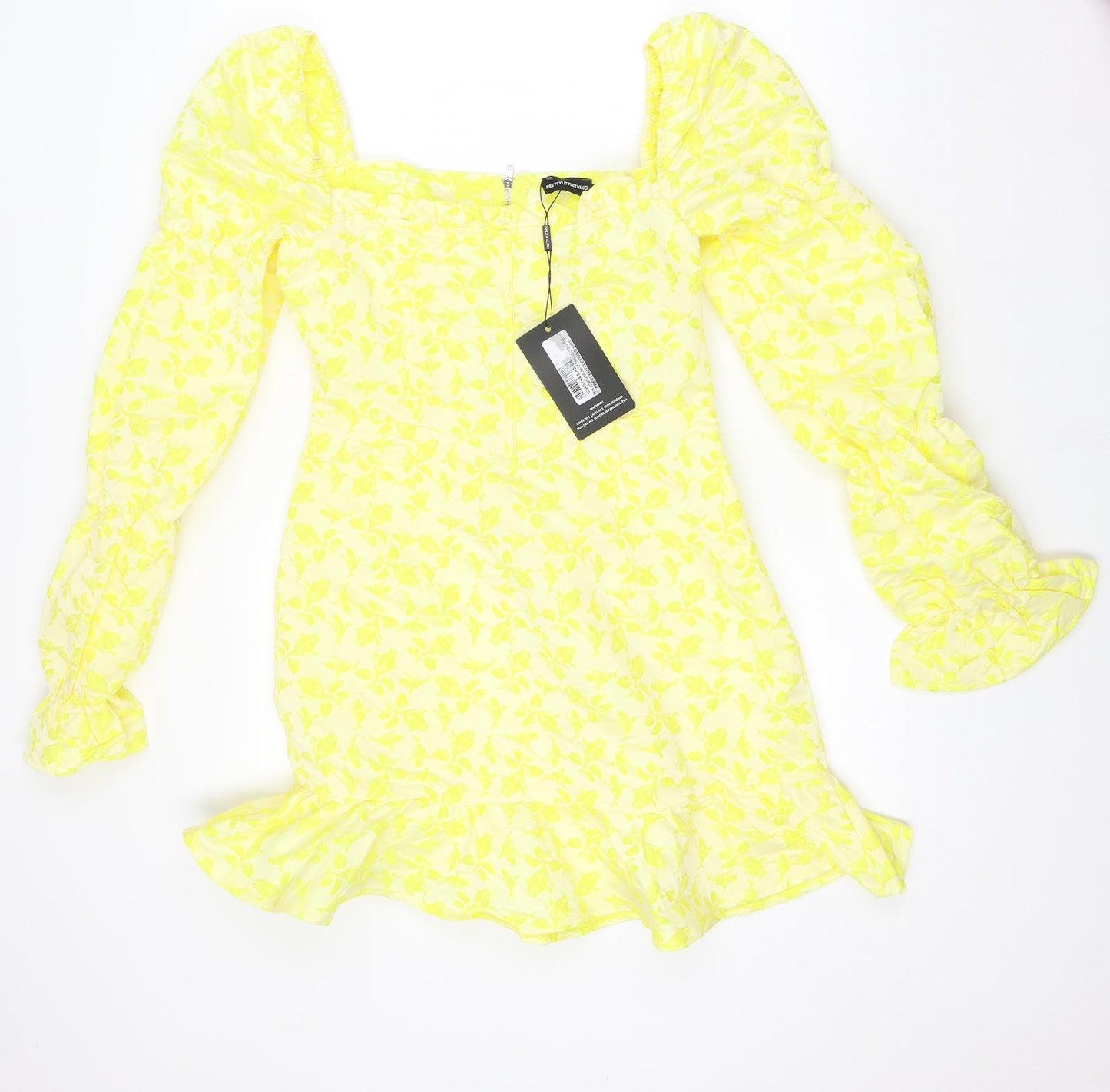 PRETTYLITTLETHING Womens Yellow Floral Polyester Mini Size 10 Square Neck Zip - Ruffles