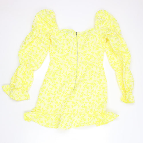 PRETTYLITTLETHING Womens Yellow Floral Polyester Mini Size 10 Square Neck Zip - Ruffles