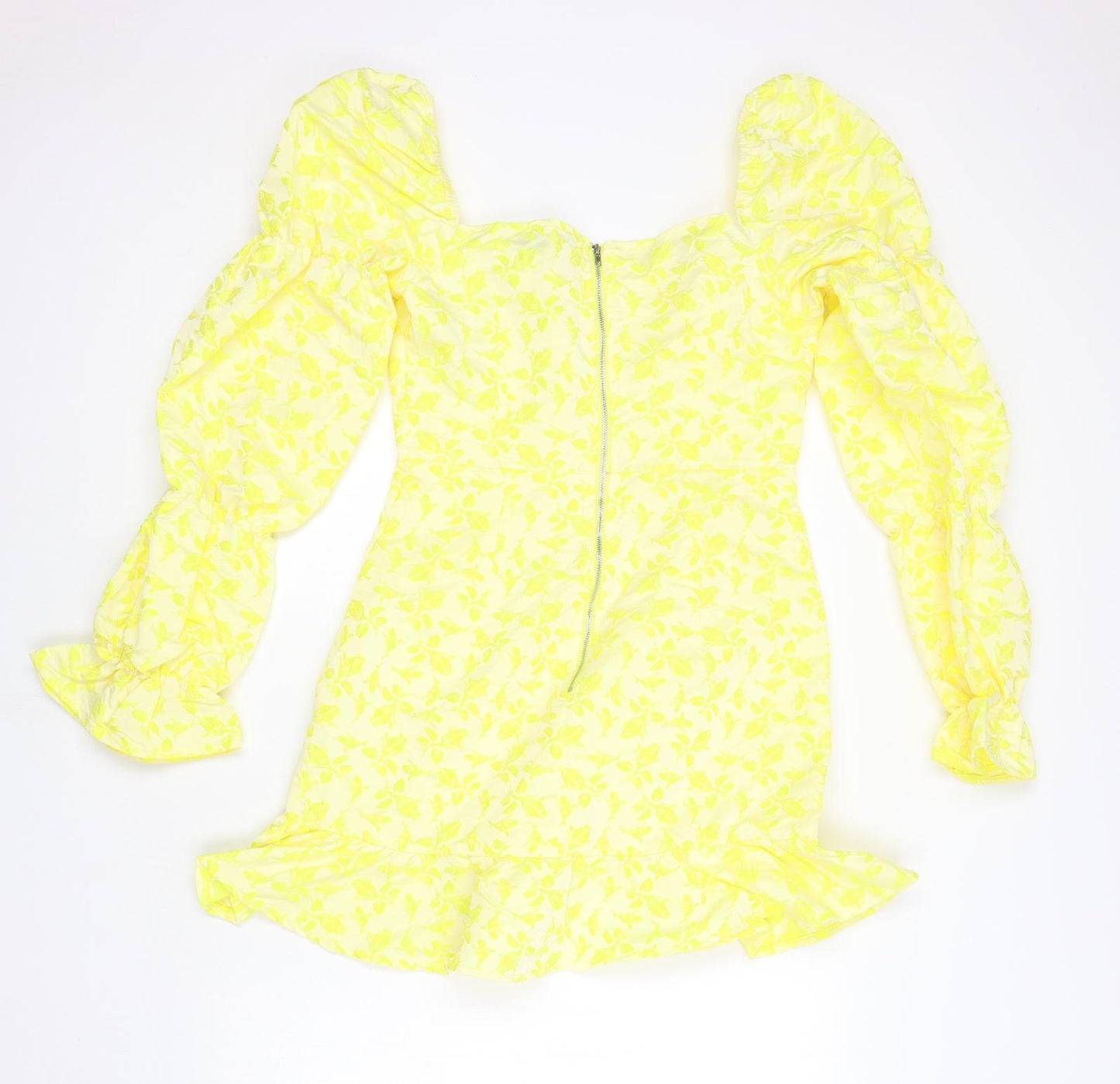 PRETTYLITTLETHING Womens Yellow Floral Polyester Mini Size 10 Square Neck Zip - Ruffles