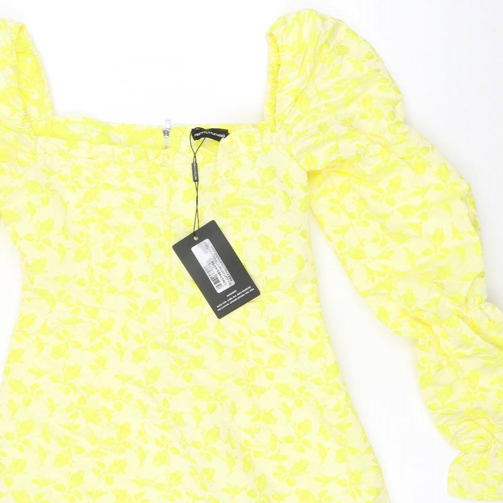 PRETTYLITTLETHING Womens Yellow Floral Polyester Mini Size 10 Square Neck Zip - Ruffles