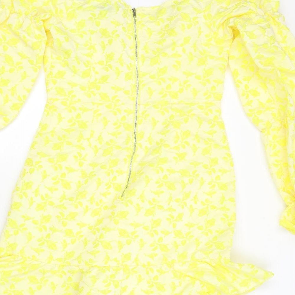 PRETTYLITTLETHING Womens Yellow Floral Polyester Mini Size 10 Square Neck Zip - Ruffles