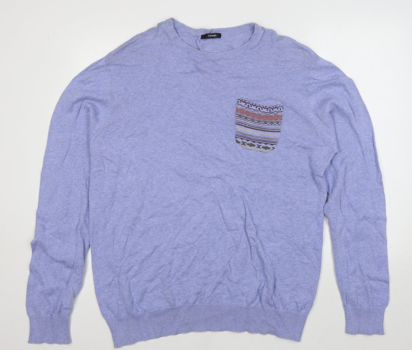 George Mens Blue Round Neck Geometric Cotton Pullover Jumper Size XL - Tribal print