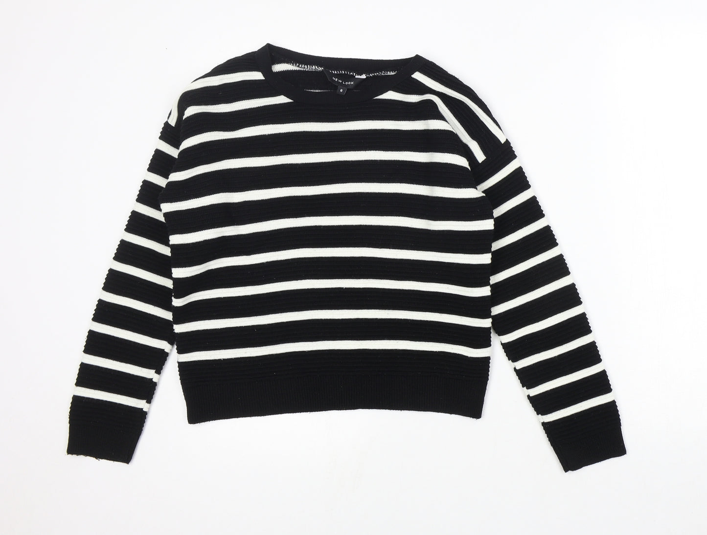New Look Womens Black Round Neck Striped Acrylic Pullover Jumper Size 8