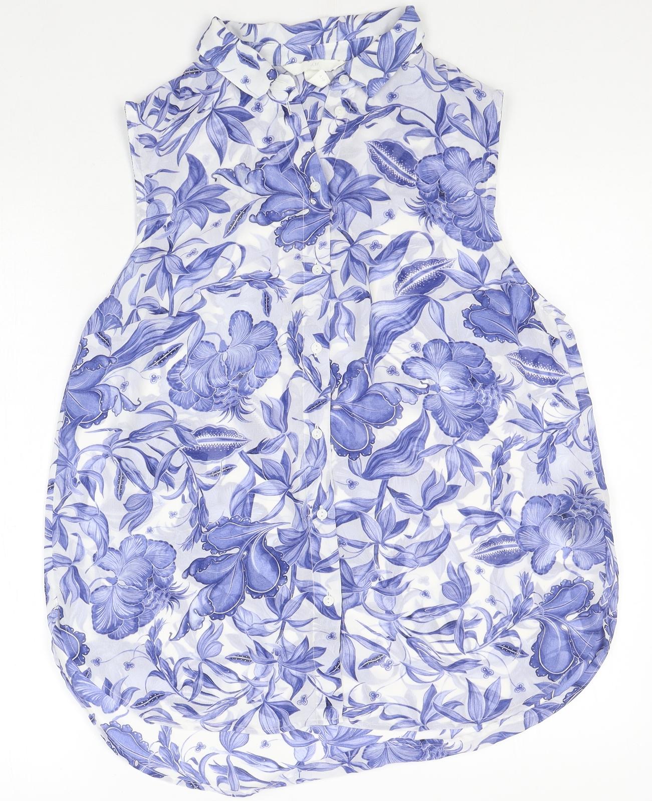 H&M Womens Blue Floral Polyester Basic Blouse Size 12 Collared
