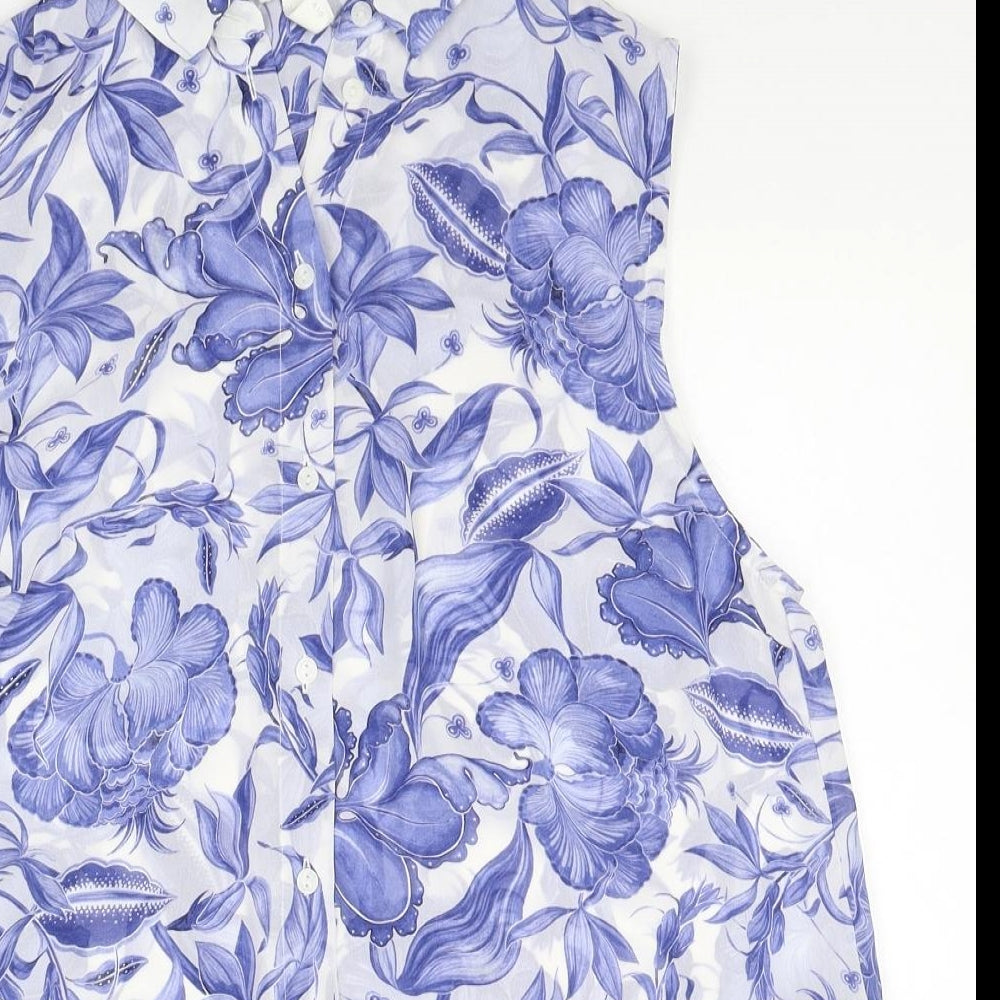 H&M Womens Blue Floral Polyester Basic Blouse Size 12 Collared