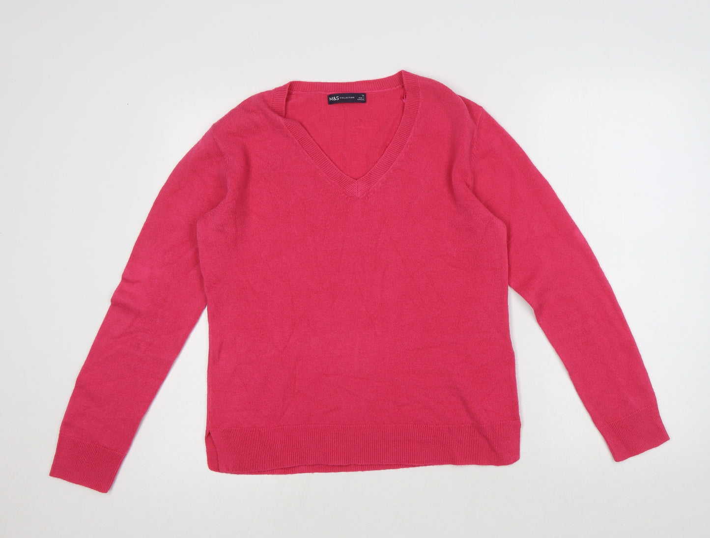 Marks and Spencer Womens Pink V-Neck Acrylic Pullover Jumper Size 12