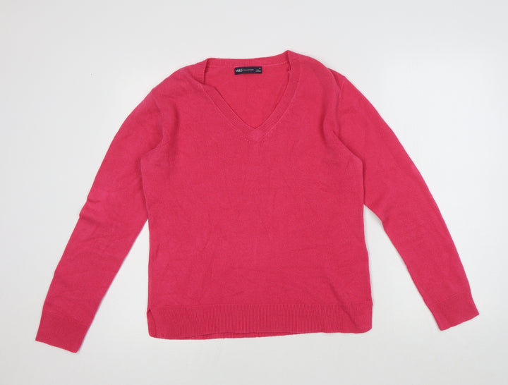 Marks and Spencer Womens Pink V-Neck Acrylic Pullover Jumper Size 12