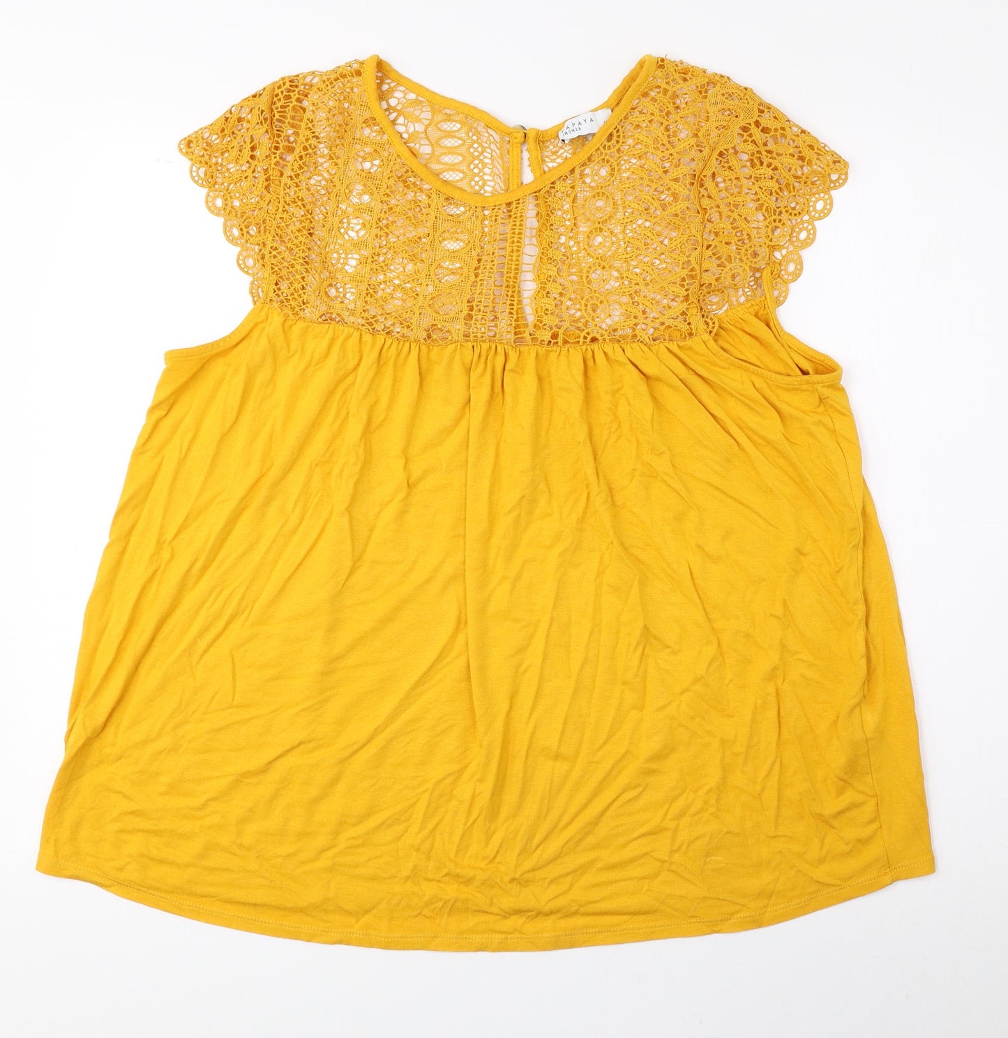 Papaya Womens Yellow Viscose Basic Blouse Size 18 Round Neck - Lace Detail
