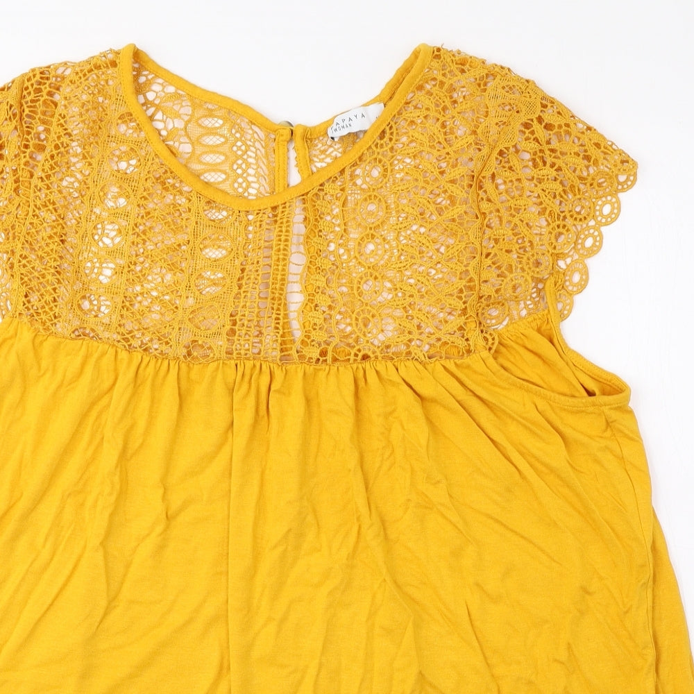 Papaya Womens Yellow Viscose Basic Blouse Size 18 Round Neck - Lace Detail