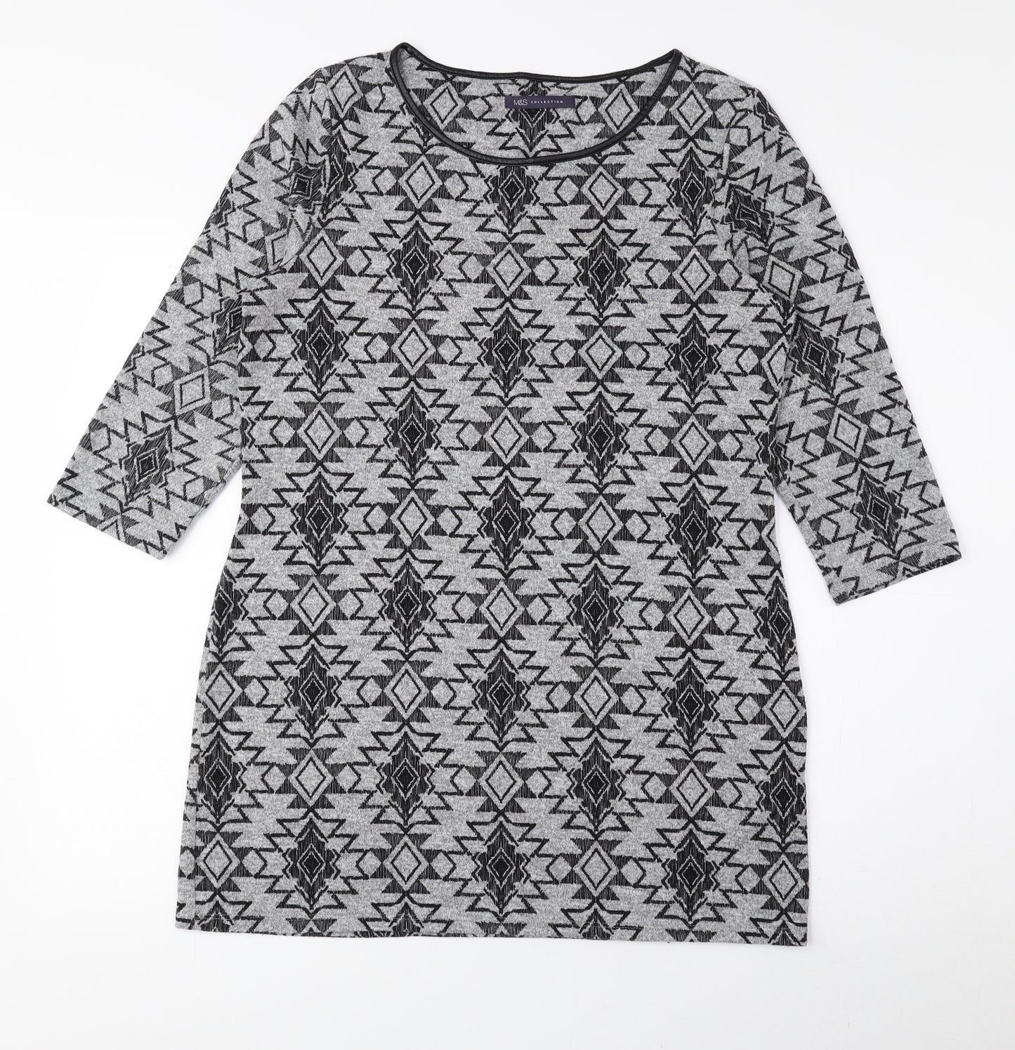 Marks and Spencer Womens Grey Round Neck Geometric Polyester Pullover Jumper Size 14