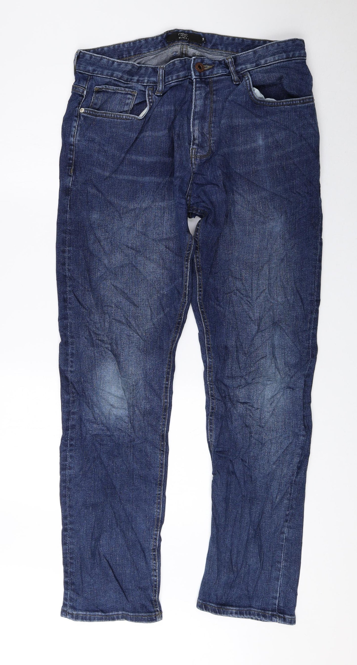 NEXT Mens Blue Cotton Tapered Jeans Size 34 L29 in Slim Zip