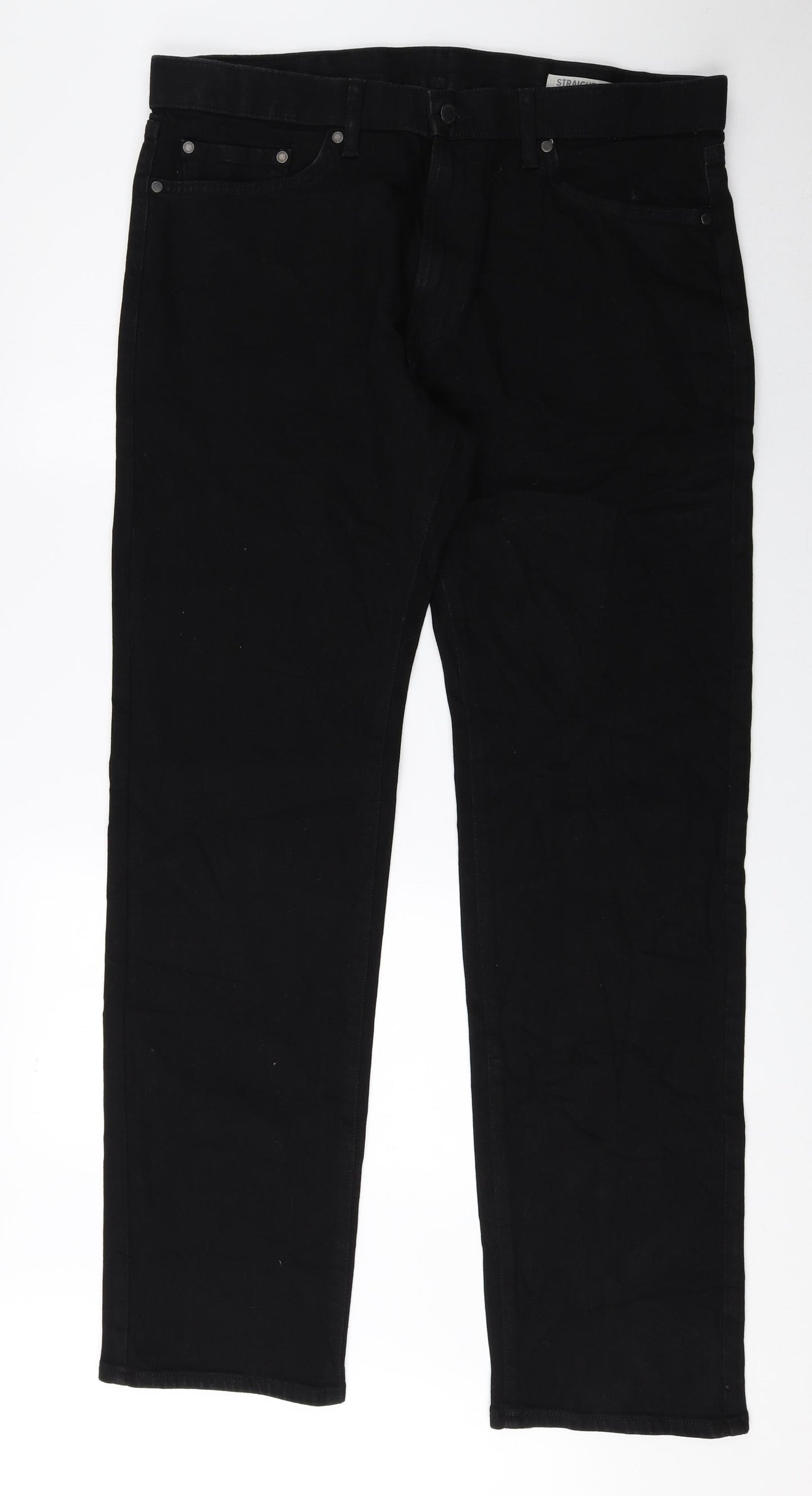 Marks and Spencer Mens Black Cotton Straight Jeans Size 36 in L33 in Regular Zip