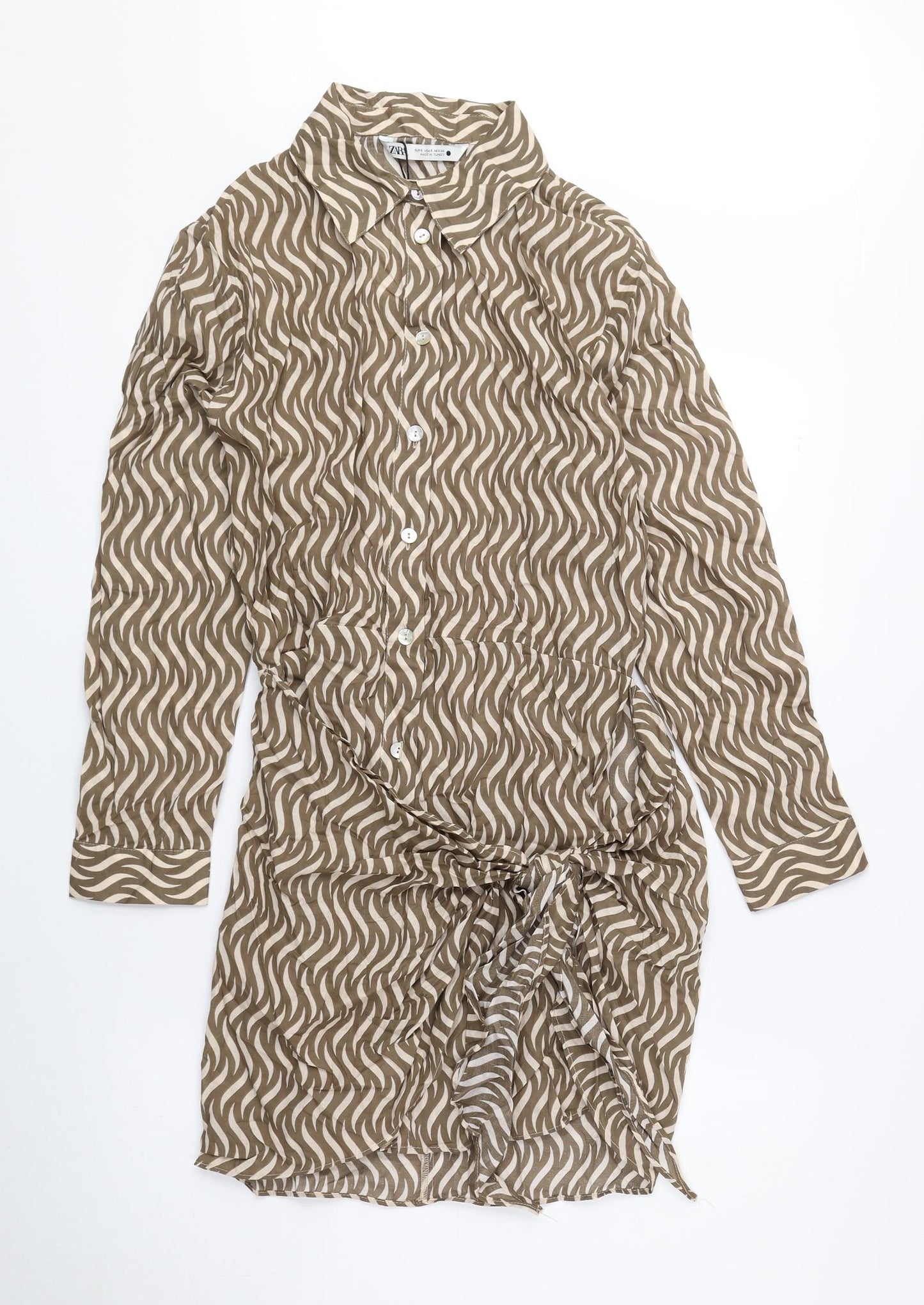 Zara Womens Brown Geometric 100% Cotton Shirt Dress Size S Collared Button